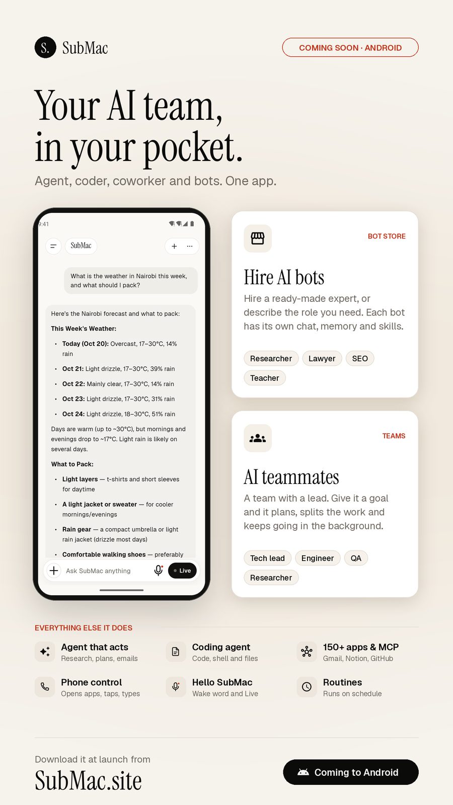 SubMac Agent poster: Your AI team, in your pocket. Coming soon to Android.